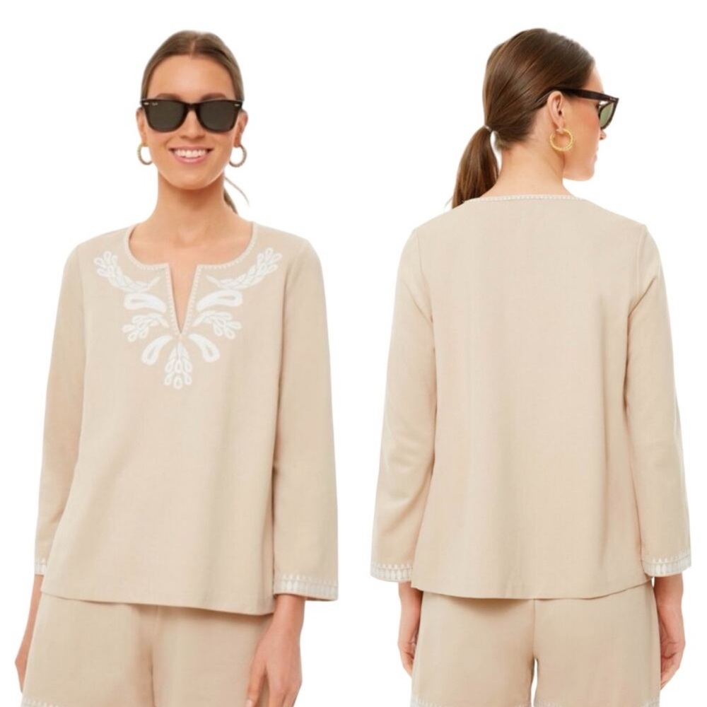 TUCKERNUCK Miguelina Embroidered Split Neck Coastal Tunic Top Cottagecore Size M